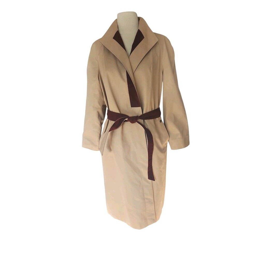 Etienne Aigner Vintage Reversible Belted Trench Coat Womens 10P Tan Burgundy